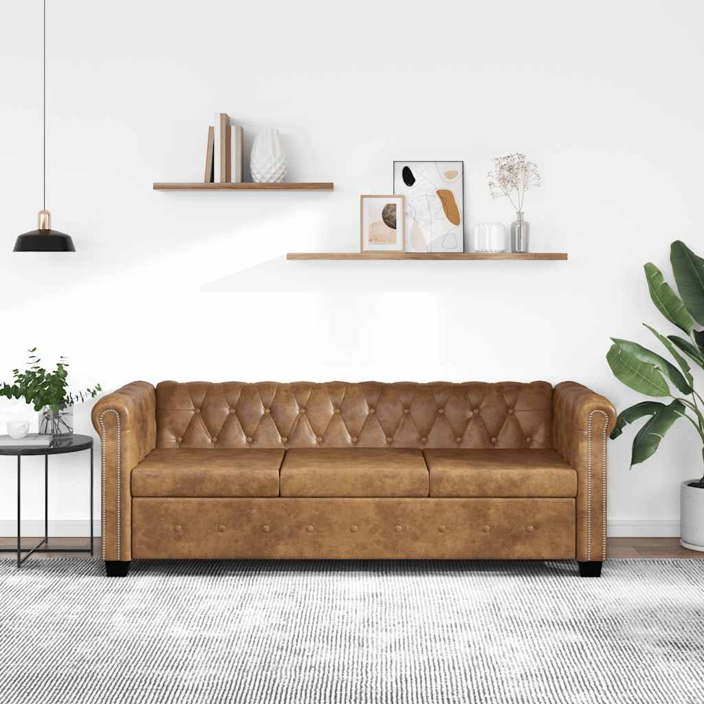 3 személyes barna műbőr Chesterfield kanapé