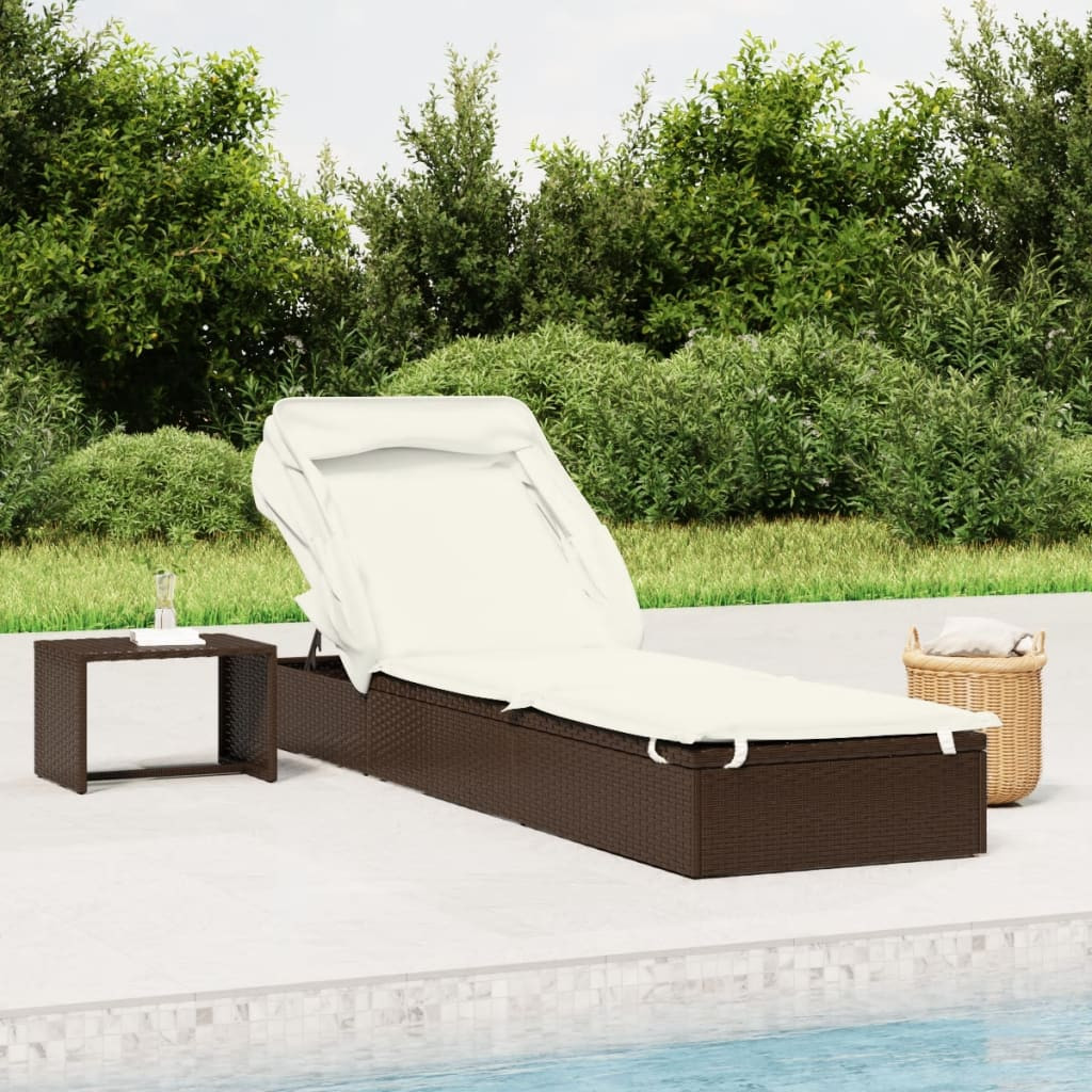 barna polyrattan napozóágy összecsukható tetővel 213x63x97 cm