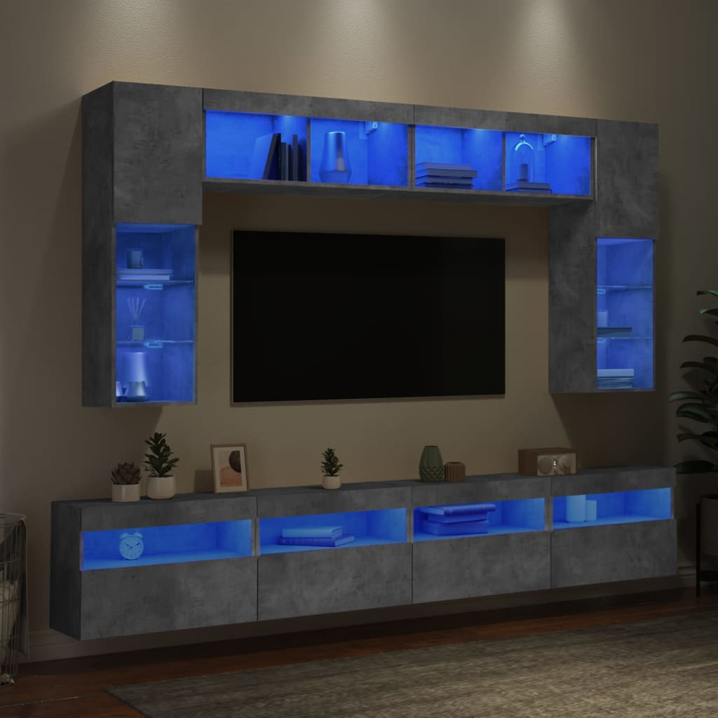8 darabos betonszürke fali TV-szekrény szett LED-del