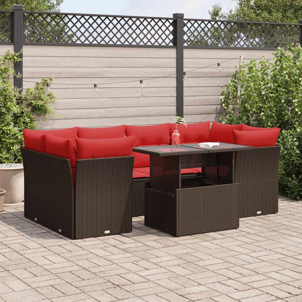 7 részes barna polyrattan akácfa kerti ülőgarnitúra párnákkal