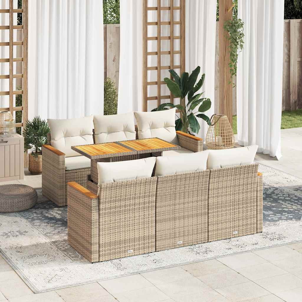 7 részes bézs polyrattan akácfa kerti ülőgarnitúra párnákkal
