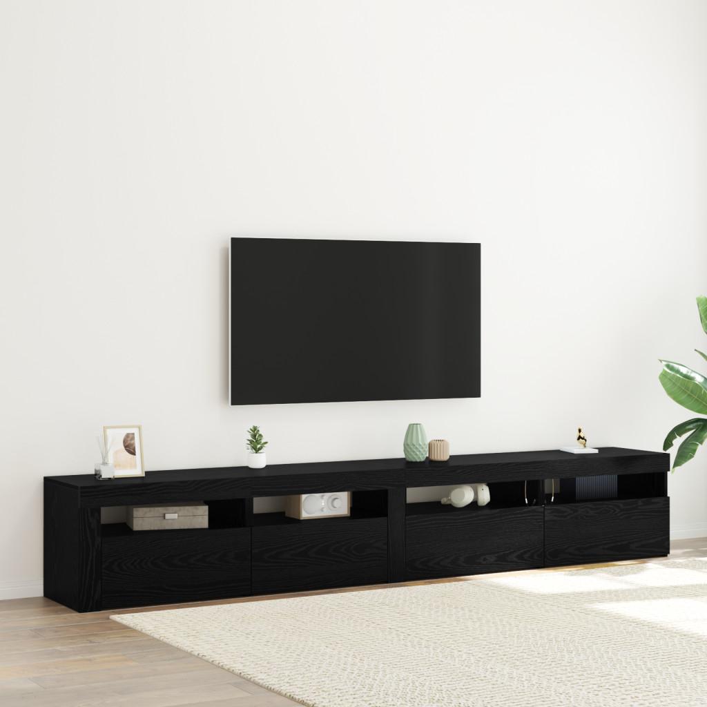 3 darabos TV szekrény szett LED fényekkel, Fekete tölgy, Műgyanta