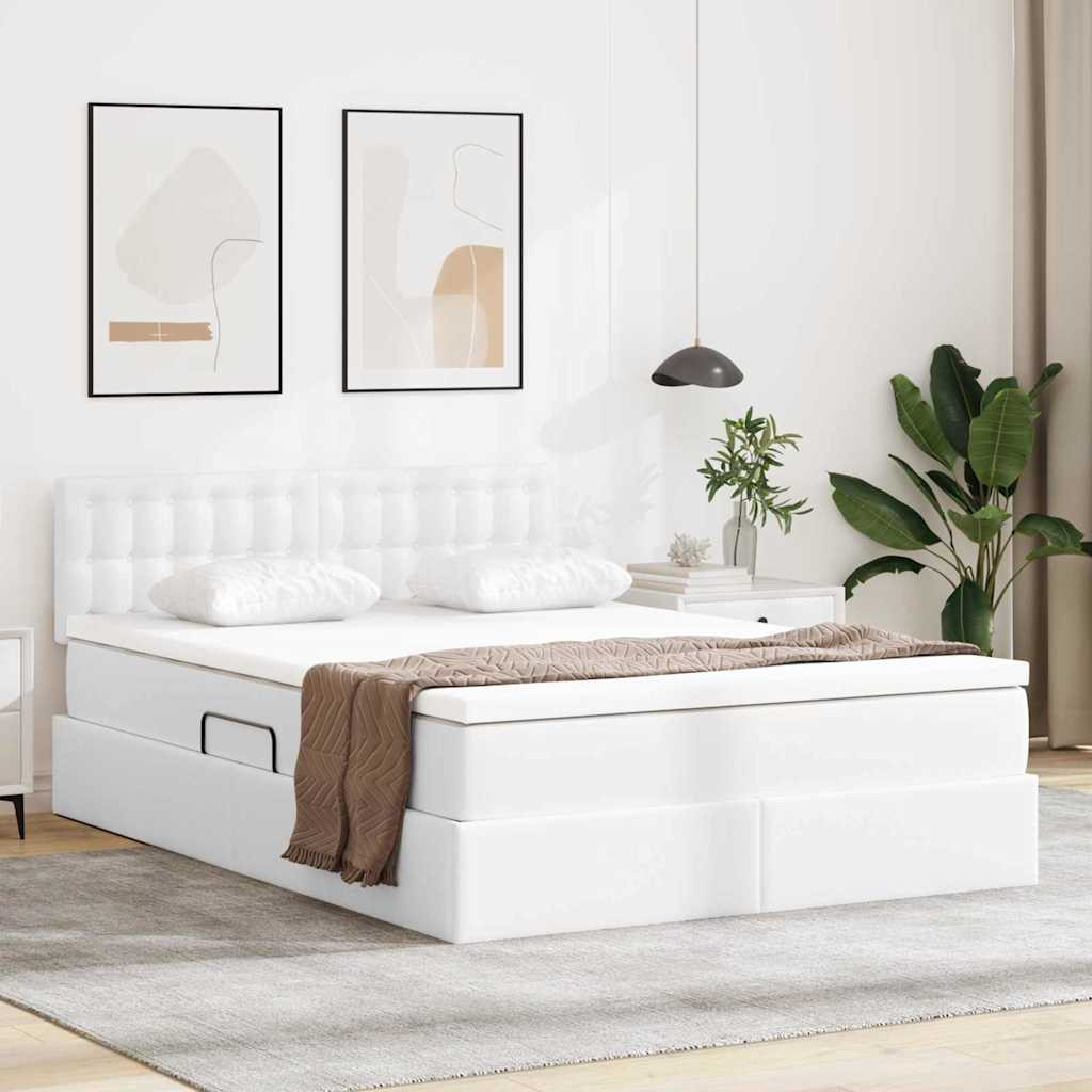 Ágy tárolóval és LED lámpával Tiszta Fehér 140 x 190 cm Műbőr