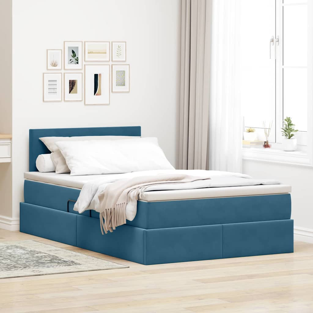 Ágy tárolóval és LED lámpával Sötét kék 120 x 200 cm Bársony