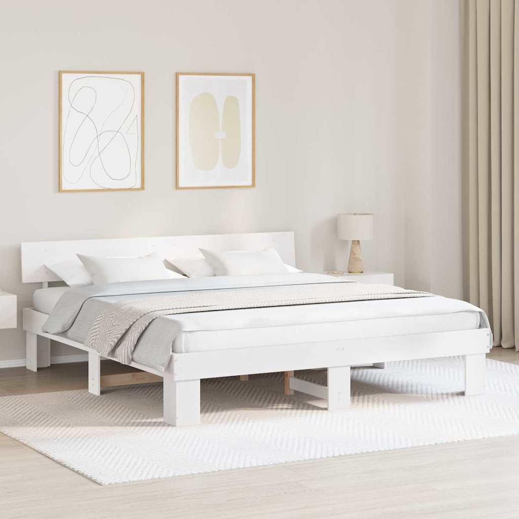 Ágykeret fejtámlával Fehér 200 x 200 cm Tömör fenyőfa