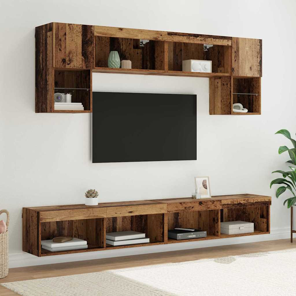 TV Fali Egységek LED-del 6 pcs Öreg fa Faanyag TV Fali Egységek LED-del 6 pcs Öreg fa Faanyag