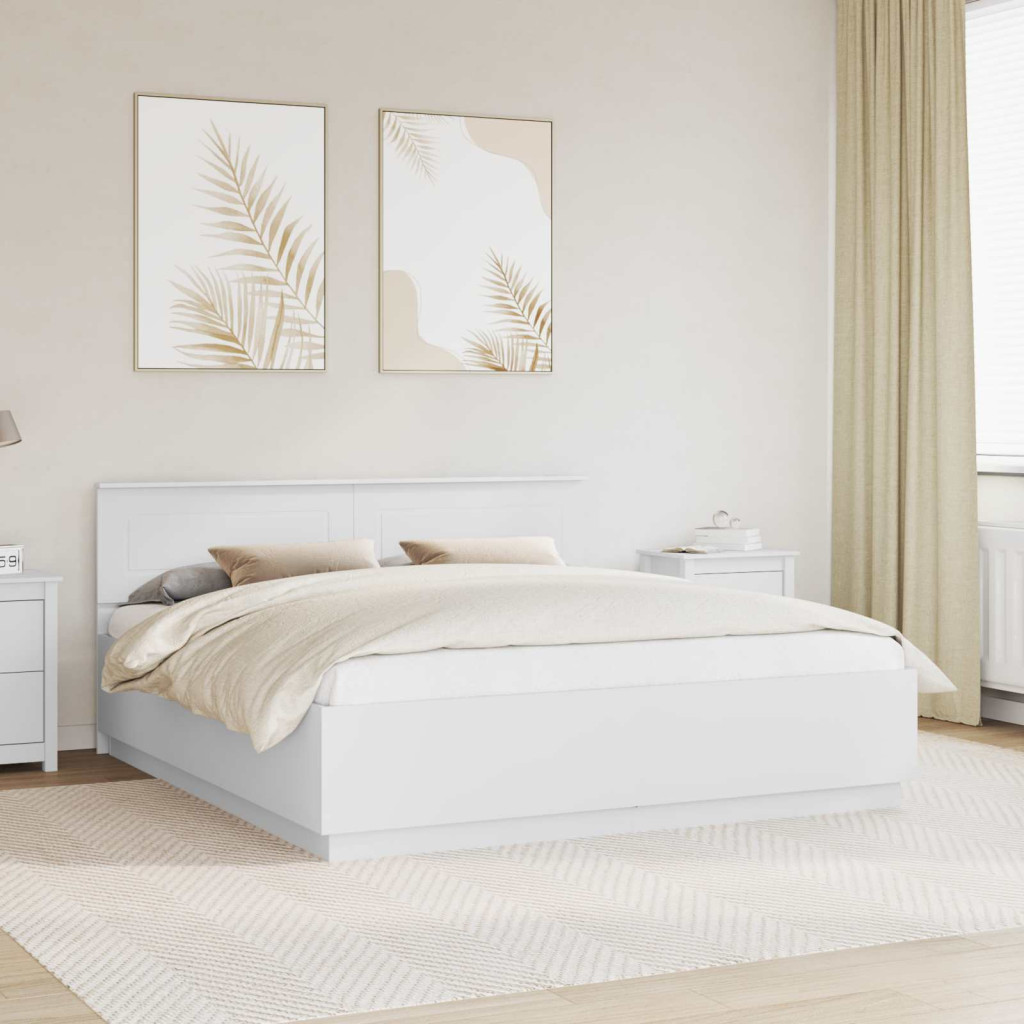 Ágykeret LED -es lámpákkal Fehér 200 x 200 cm Faanyag