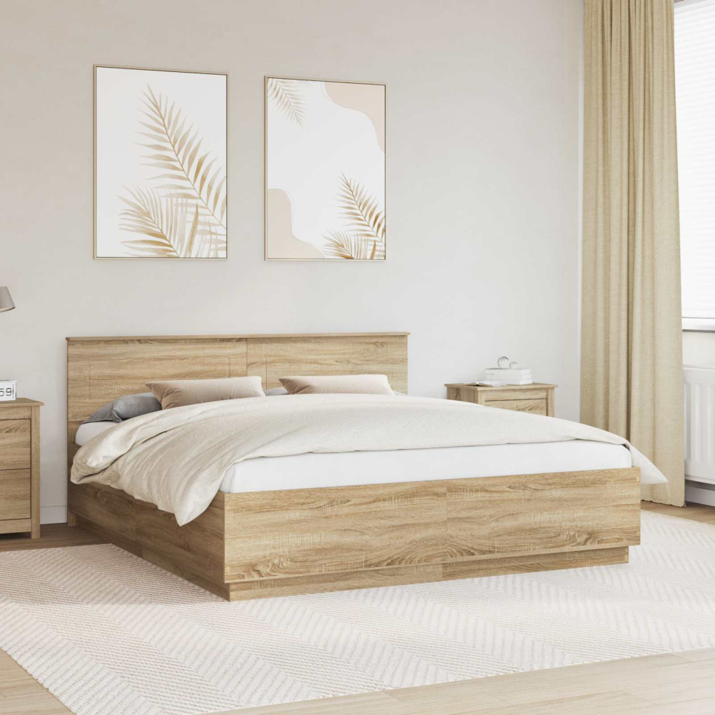 Ágykeret LED -es lámpákkal Sonoma tölgy 200 x 200 cm Faanyag