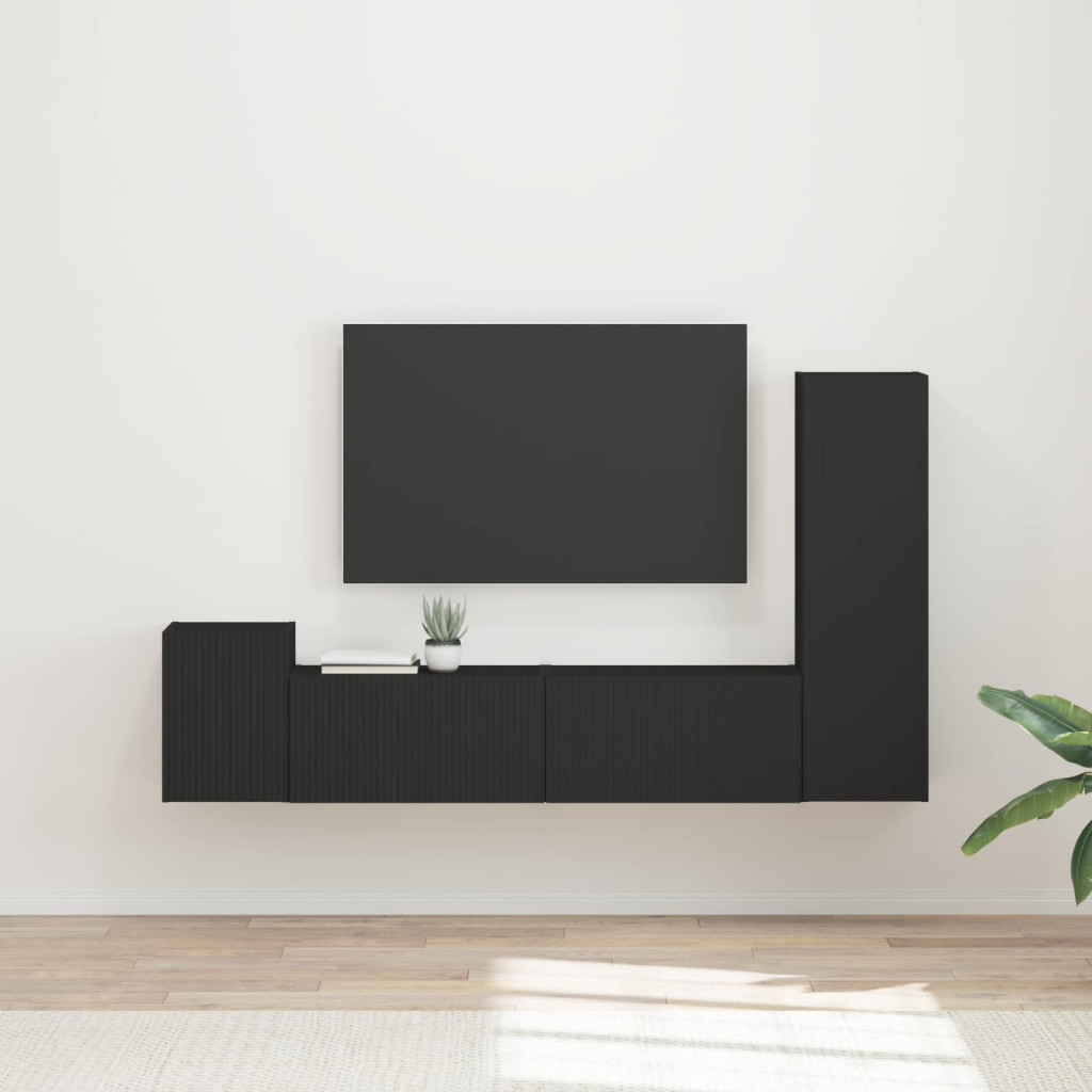 TV szekrény garnitúra Falra szerelhető 4 pcs Fekete Faanyag