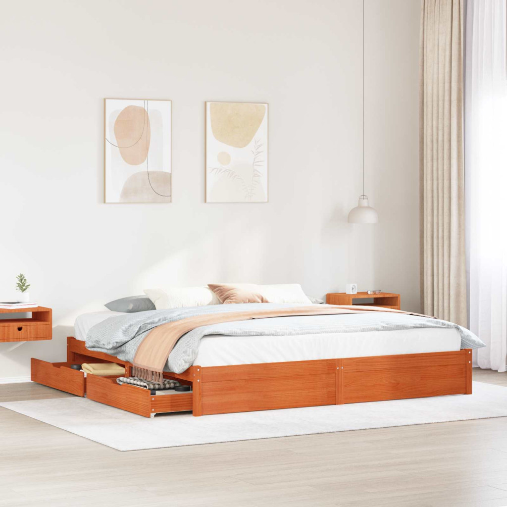 vidaXL Ágykeret fiókkal Faggyú barna 200 x 200 cm Tömör fenyőfa