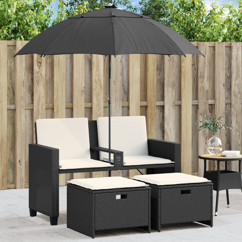2 személyes fekete polyrattan kerti kanapé napernyővel/székkel