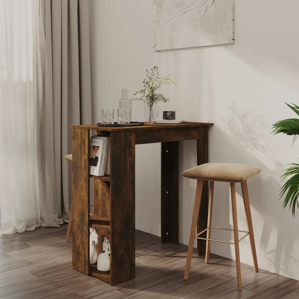 füstös tölgy színű szerelt fa bárasztal polccal 102x50x103,5 cm