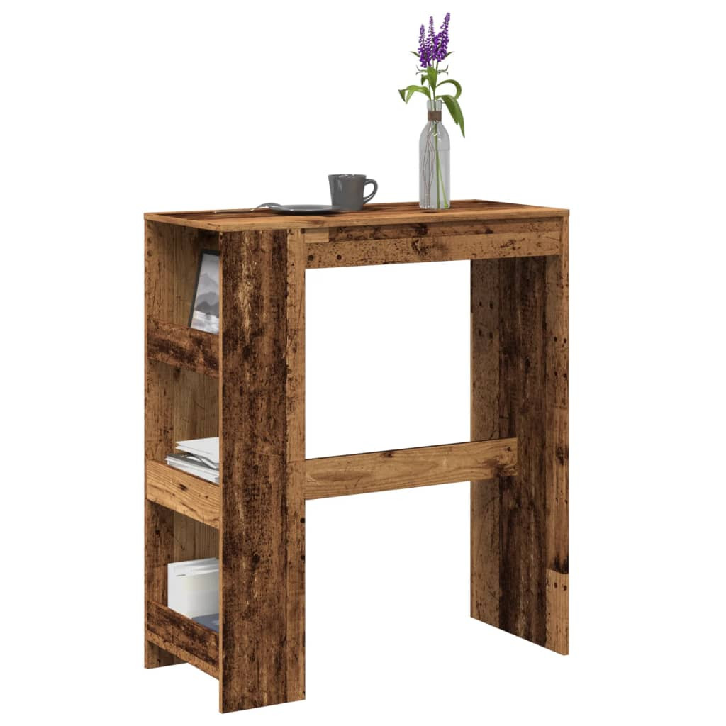 antik fa színű szerelt fa bárasztal tárolókkal 90x40x103,5 cm