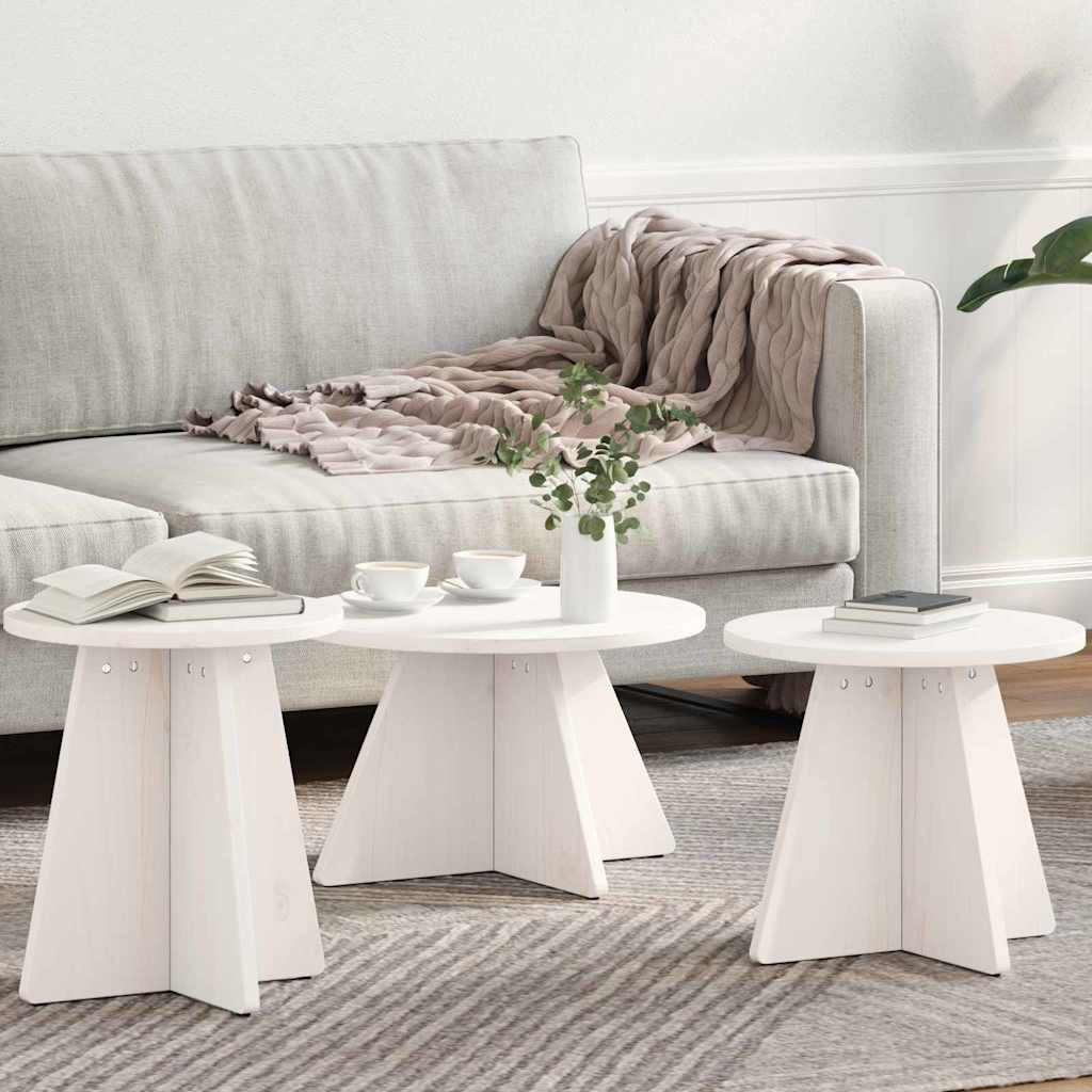 Dohányzóasztal 3 pcs Fehér 49 x 49 x 30 cm Tömör fenyőfa